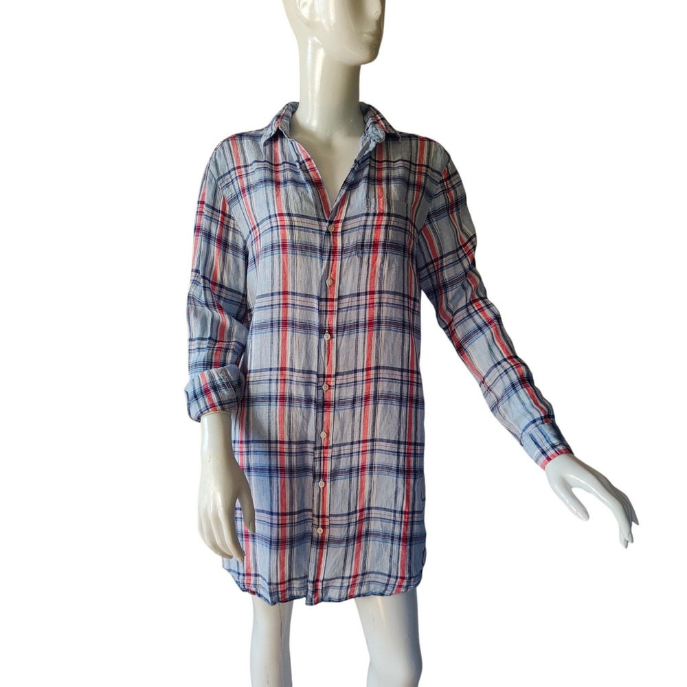 Frank & Eileen Mary Italian Linen Shirt Dress Plaid Shift XS Tunic Coastal Boho